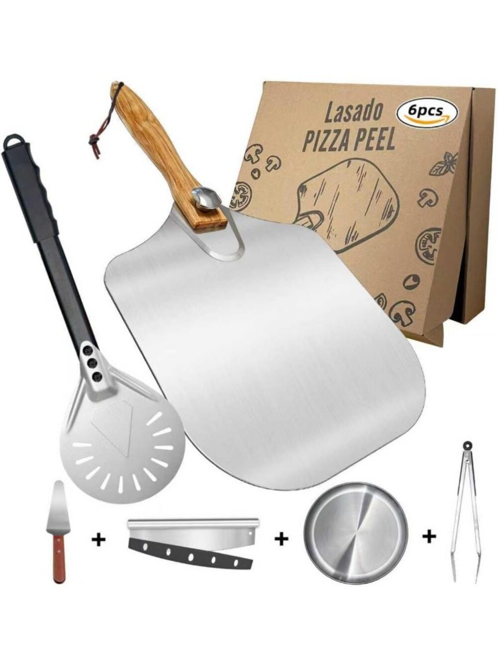 Complete Pizza Peel & Pan Set - 6 Pcs with Foldable Handle, Cutter & Tongs for